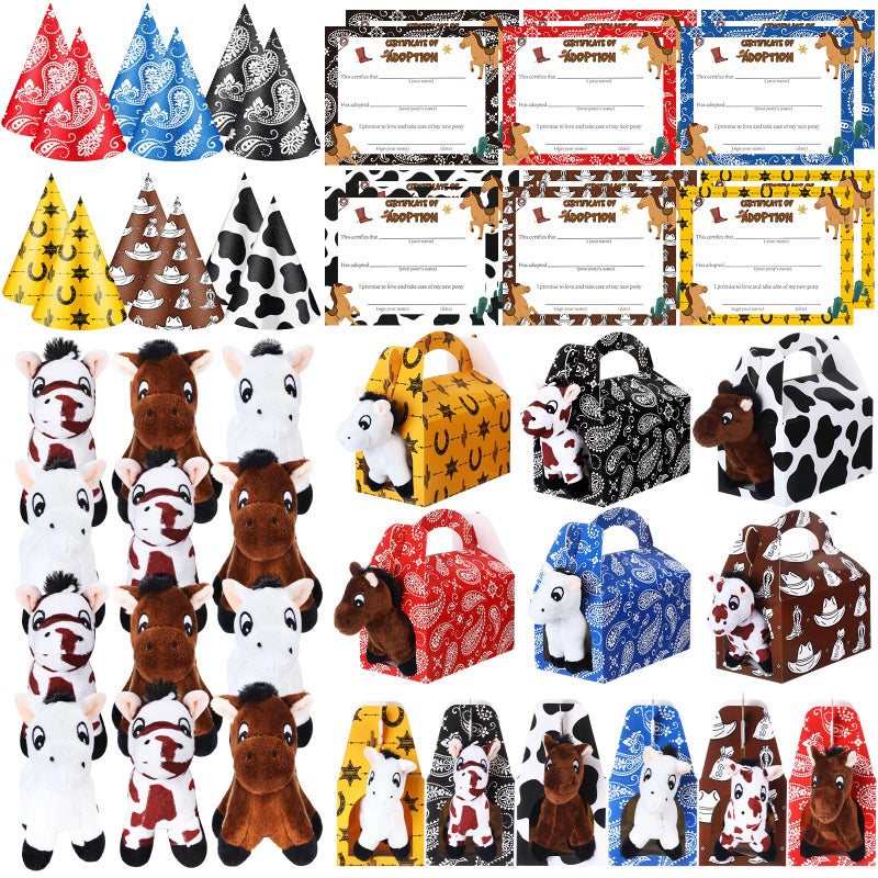 JellyArch 49 Pcs Adopt a Horse Party Favors Include 12 Mini Horse Stuffed Animals 12 Foldable Paper Boxes 12 Adoption Cards 12 Hats 1 Fence for Adopt a Pet Western Party Favor Supplies Design - Image 3