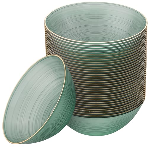 PLASTICPRO 32 Pieces Crystal Design Plastic Bowls 16 ounce Gold Rim Elegant Disposable Plates Transparent Green - Image 1