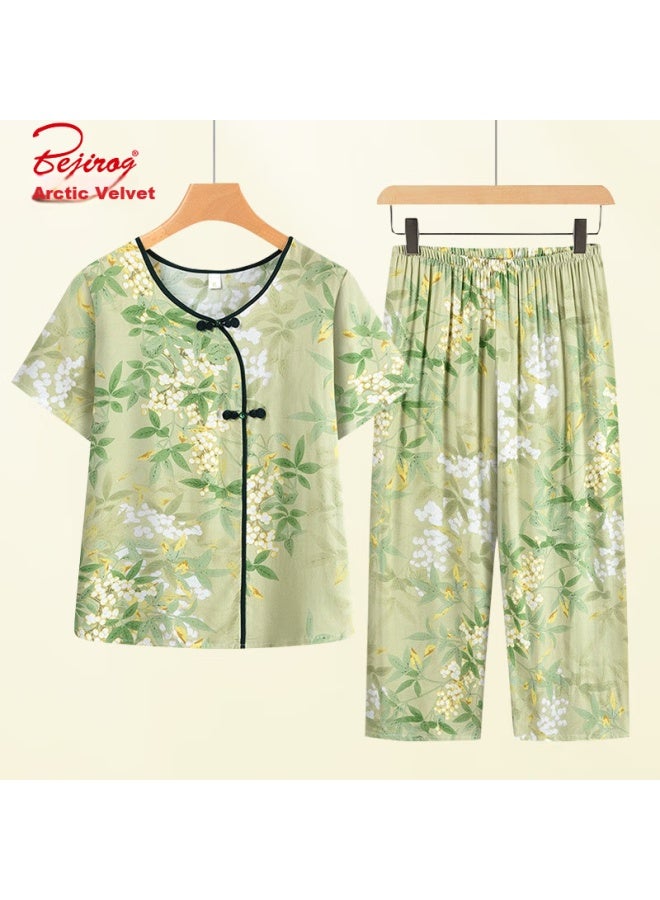 Bejirog Arctic Velvet Middle-aged And Elderly Cotton Silk Suit Pajamas Women's Grandmother Suit Mother Short-sleeved Home Wear Can Be Worn Outside Clothes Green 3XL - Image 1