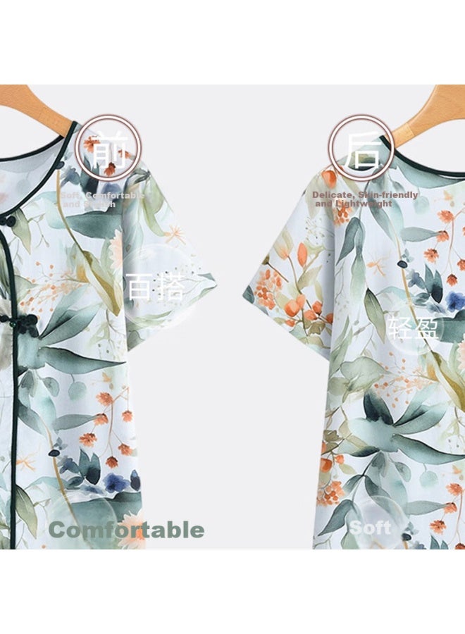 Bejirog Arctic Velvet Middle-aged And Elderly Cotton Silk Suit Pajamas Women's Grandmother Suit Mother Short-sleeved Home Wear Can Be Worn Outside Clothes Green 3XL - Image 4