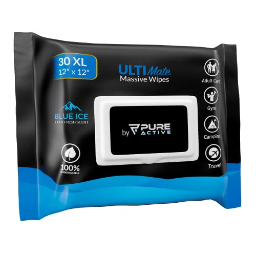 Pure Active XXL Body Wipes for Face and Body, Deodorizing Men's Shower Wipes for Camping, Travel, and After Workout, 12x12 Blue Ice Scented 30 Pack - Image 1