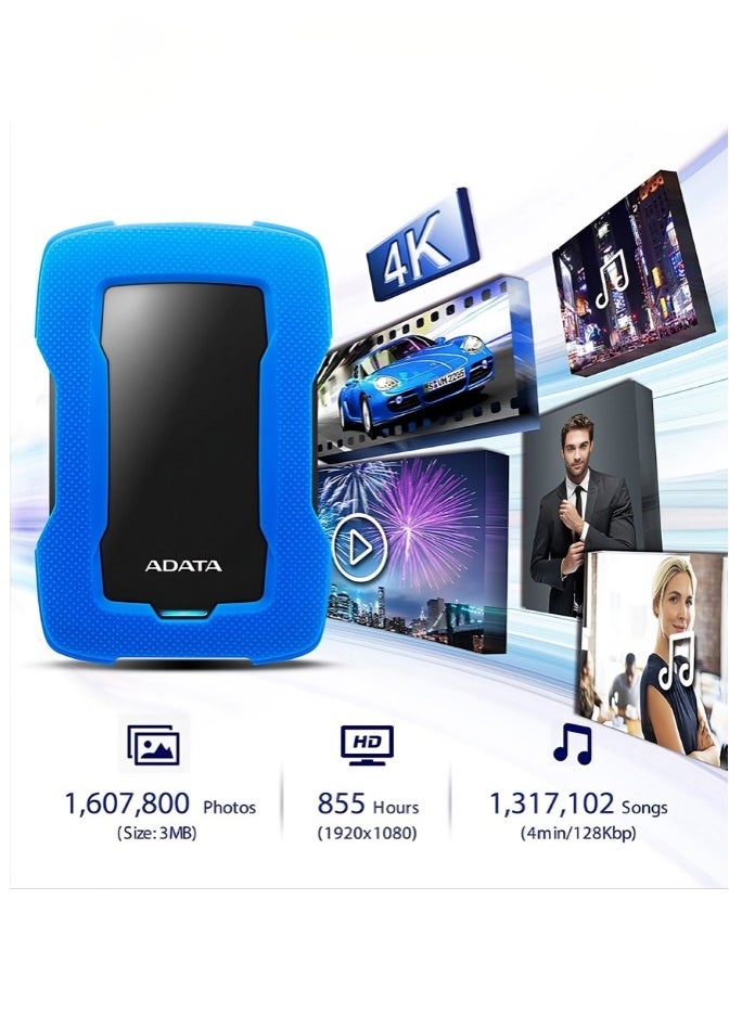 ADATA - ADATA HD330 1TB USB 3.0, High-speed Shock-absorbing External Hard Drive, Extra Slim Portable Waterproof Mobile Hard Drive, (1TB Blue) - Image 1