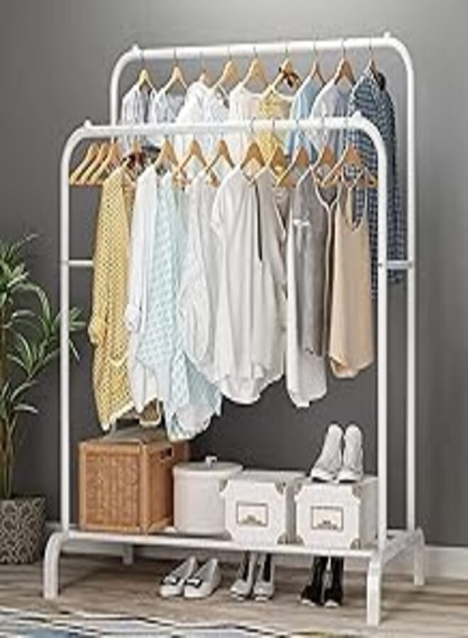 EKRON EKRON Multipurpose Double Garment Rack Heavy Duty Metal Cloth Rail with 2 Bottom Shelf Coat Jacket Hanging Hanger Shoe Stand for Home, Hotel, Shop Wardrobe Space Organizer (White / 148 x 110 x 33cm) 