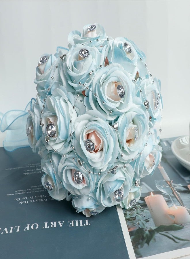Faylapa Wedding Bouquets for Bride Bridesmaid Hand Bouquet Diamond Artificial Flowers for Wedding Marriage Proposal Party Valentine's Day Church Home Decoration (Light Blue) - Image 4