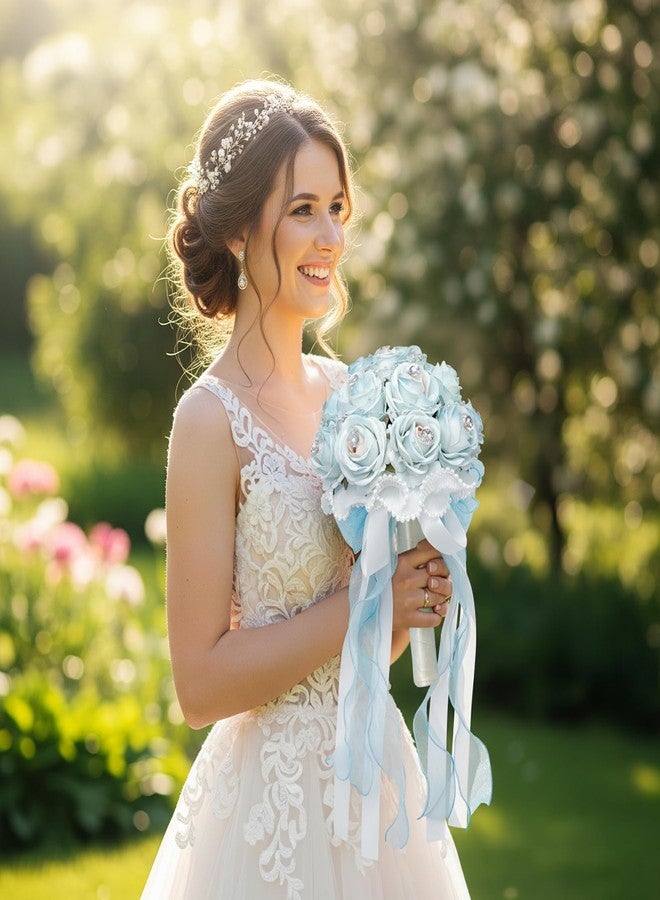 Faylapa Wedding Bouquets for Bride Bridesmaid Hand Bouquet Diamond Artificial Flowers for Wedding Marriage Proposal Party Valentine's Day Church Home Decoration (Light Blue) - Image 5