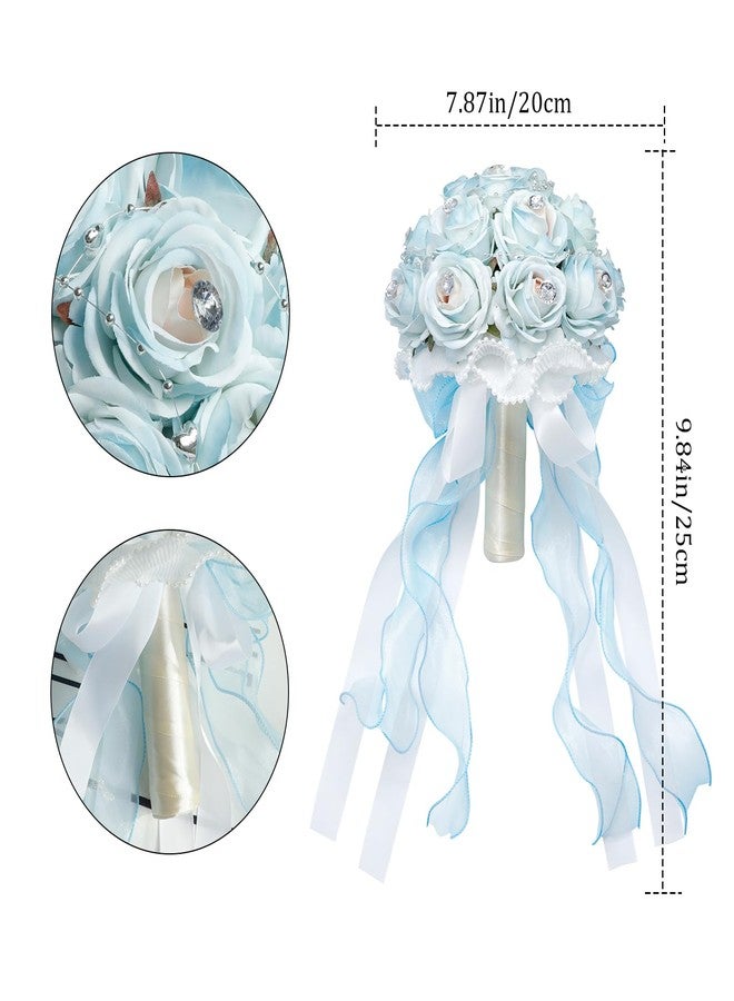 Faylapa Wedding Bouquets for Bride Bridesmaid Hand Bouquet Diamond Artificial Flowers for Wedding Marriage Proposal Party Valentine's Day Church Home Decoration (Light Blue) - Image 2