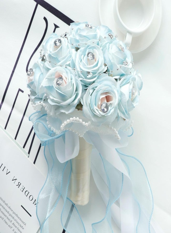 Faylapa Wedding Bouquets for Bride Bridesmaid Hand Bouquet Diamond Artificial Flowers for Wedding Marriage Proposal Party Valentine's Day Church Home Decoration (Light Blue) - Image 3