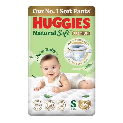 Huggies Natural Soft Premium Baby Diaper Pants, Our No.1 Soft Pants, Small (S) Size (4-8 Kgs), Pack of 46 diapers | Cloud Softness All over with India's 1st Cloud Touch BeltTM - Image 1