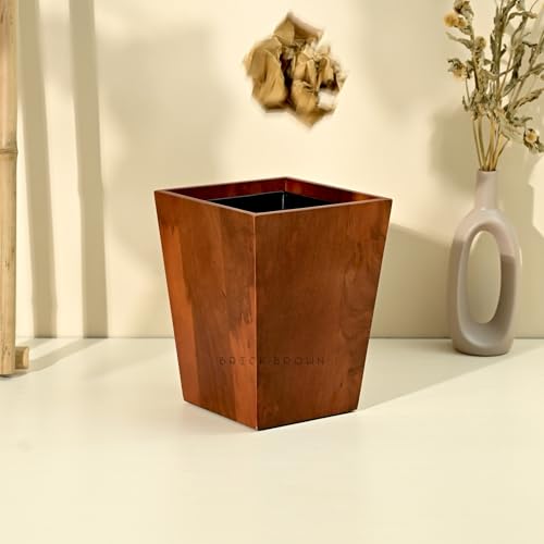 Brick Brown Premium Solid Wood Dwindle Wastebasket | Dustbin With Removal Metal Inner Liner From Mahogany Collection Open-Top (Dwindle), (8X8X9.8 Inch), Brown - Image 1