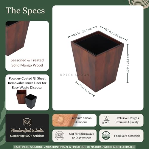 Brick Brown Premium Solid Wood Dwindle Wastebasket | Dustbin With Removal Metal Inner Liner From Mahogany Collection Open-Top (Dwindle), (8X8X9.8 Inch), Brown - Image 4