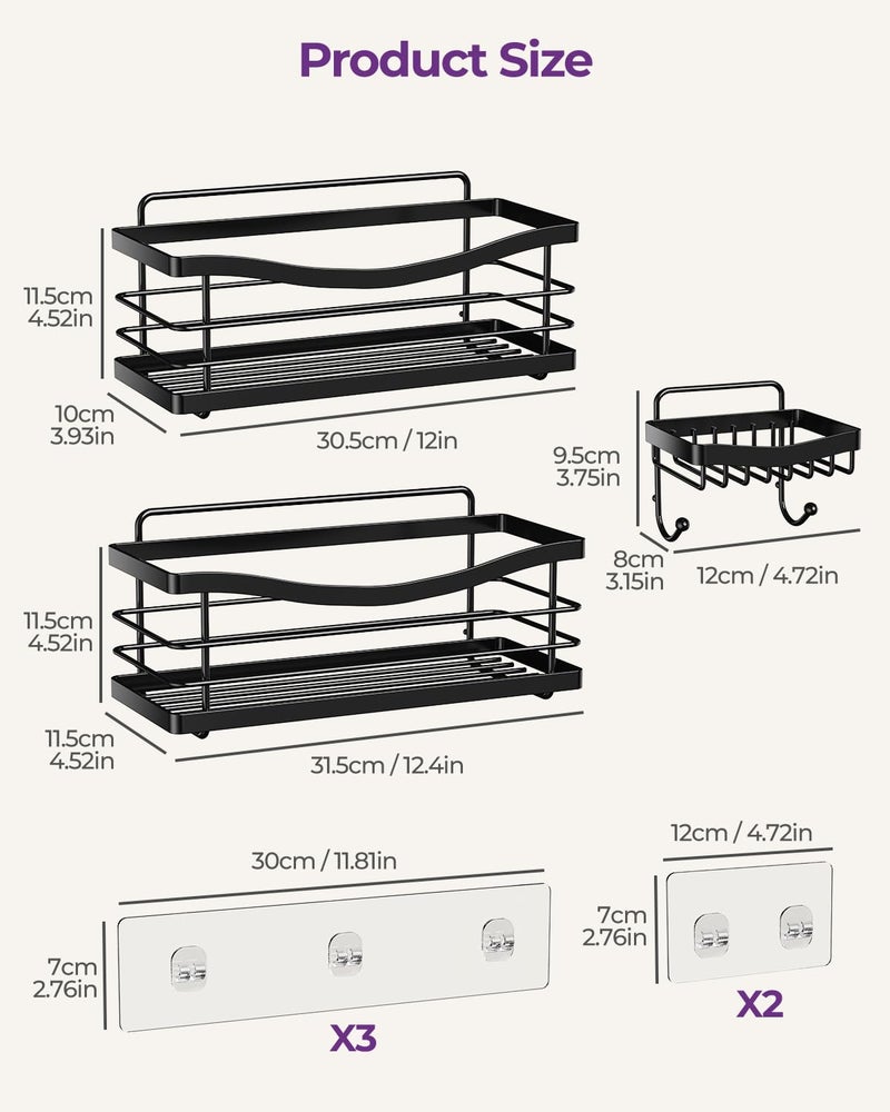 ODesign Shower Caddy 3 Pack-Shower Organizer Shelves Rack Rustproof SUS304 Stainless Steel for Bathroom Storage&Kitchen-No Drilling Adhesive Shower Caddy Shelf with 4 Hooks Suction Cup-Black - Image 2