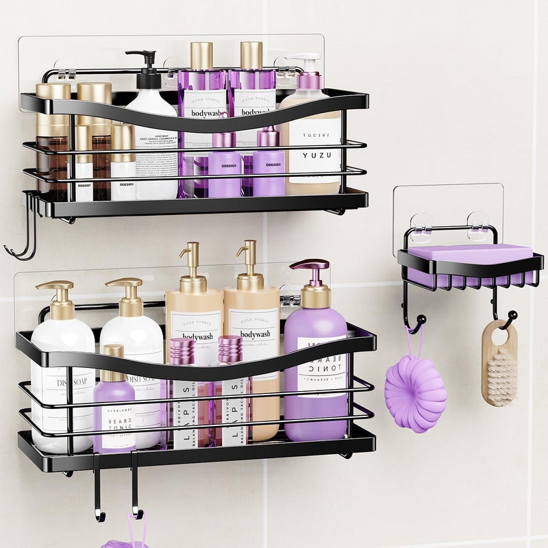 ODesign Shower Caddy 3 Pack-Shower Organizer Shelves Rack Rustproof SUS304 Stainless Steel for Bathroom Storage&Kitchen-No Drilling Adhesive Shower Caddy Shelf with 4 Hooks Suction Cup-Black - Image 1