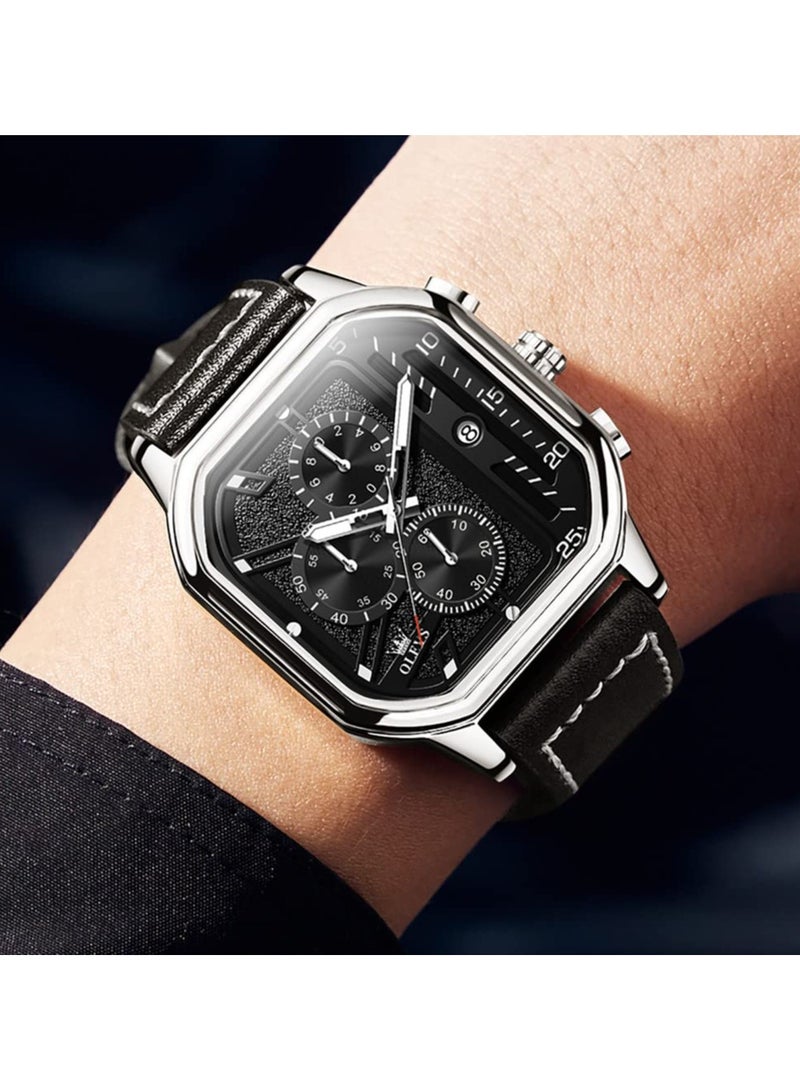 SYOSI ساعات مربعة للرجال، حزام جلدي أسود، ساعة كوارتز رسمية تناظرية، ساعة عمل عصرية مضيئة مقاومة للماء ساعات يد كاجوال - Image 3