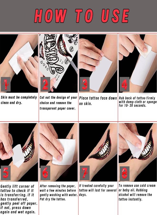 Dream Loom Halloween Temporary Tattoos, 4 Sheets Joker Tattoos Fake Temporary Tattoos Sticker for Men & Women, Perfect for Halloween, Cosplay, Costumes and Party Accessories - Image 2