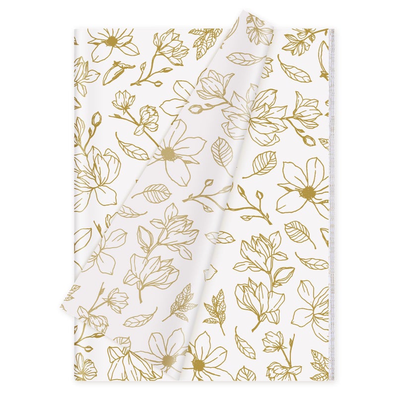 Whaline 100 Sheets Gold Floral Tissue Paper Foil Gold Flowers Gift Wrapping Paper Decorative DIY Art Craft Tissue Paper for Wedding Birthday Bridal Shower Party Supplies 137 x 196 Inch