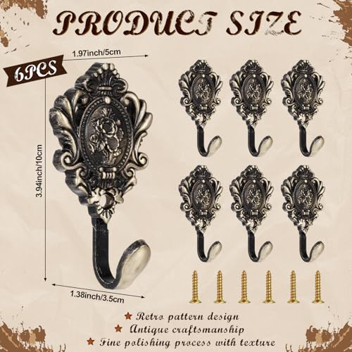BrightRow 6 Pack Vintage Curtain Tiebacks Hooks Cast Iron Wall Decorative Coat Hooks Rose Pattern Carved with Screws for Towels, Curtains, Coats, Clothes, Keys, Bags in Bedroom, Bathroom(Bronze) - Image 2