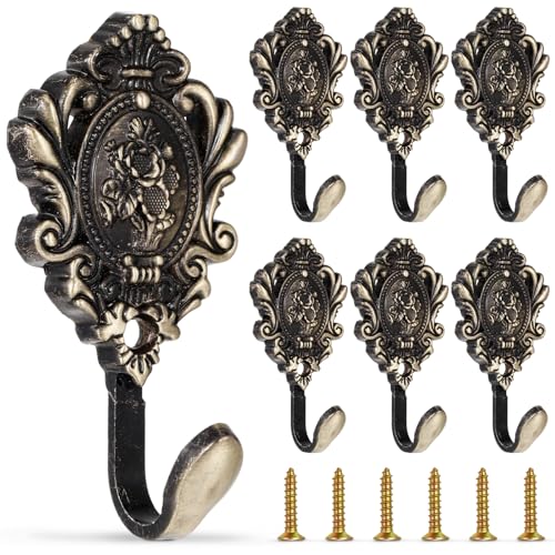 BrightRow 6 Pack Vintage Curtain Tiebacks Hooks Cast Iron Wall Decorative Coat Hooks Rose Pattern Carved with Screws for Towels, Curtains, Coats, Clothes, Keys, Bags in Bedroom, Bathroom(Bronze) - Image 1