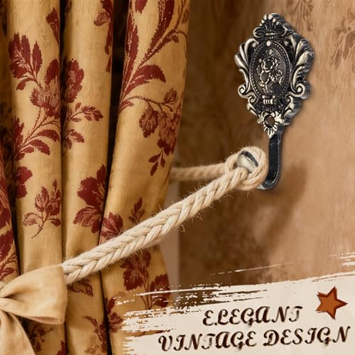 BrightRow 6 Pack Vintage Curtain Tiebacks Hooks Cast Iron Wall Decorative Coat Hooks Rose Pattern Carved with Screws for Towels, Curtains, Coats, Clothes, Keys, Bags in Bedroom, Bathroom(Bronze) - Image 5
