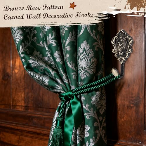 BrightRow 6 Pack Vintage Curtain Tiebacks Hooks Cast Iron Wall Decorative Coat Hooks Rose Pattern Carved with Screws for Towels, Curtains, Coats, Clothes, Keys, Bags in Bedroom, Bathroom(Bronze) - Image 3