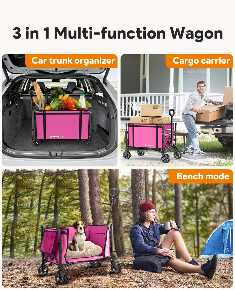 Raynesys 3 in 1 Collapsible Wagon Converts to Bench, 220lbs Foldable Wagon Cart with Wheels, 120L Shopping Cart for Groceries Folding Utility Wagon for Beach, Garden, Camping, Sport, Wheelbarrows, Pink - Image 2