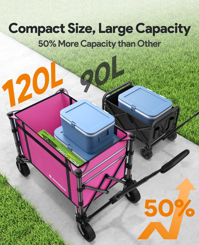 Raynesys 3 in 1 Collapsible Wagon Converts to Bench, 220lbs Foldable Wagon Cart with Wheels, 120L Shopping Cart for Groceries Folding Utility Wagon for Beach, Garden, Camping, Sport, Wheelbarrows, Pink - Image 3