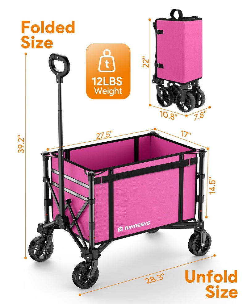 Raynesys 3 in 1 Collapsible Wagon Converts to Bench, 220lbs Foldable Wagon Cart with Wheels, 120L Shopping Cart for Groceries Folding Utility Wagon for Beach, Garden, Camping, Sport, Wheelbarrows, Pink - Image 5