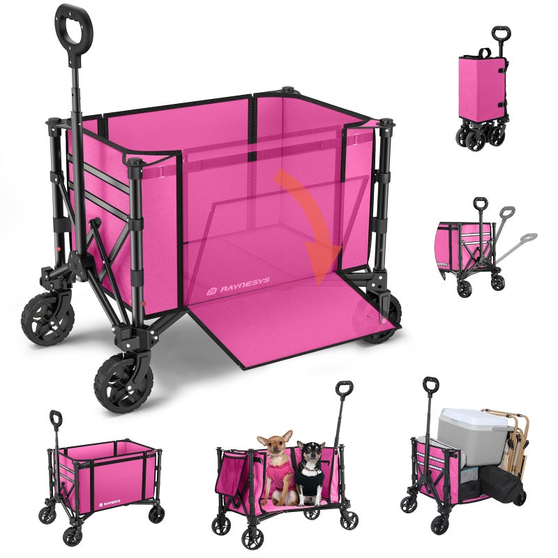 Raynesys 3 in 1 Collapsible Wagon Converts to Bench, 220lbs Foldable Wagon Cart with Wheels, 120L Shopping Cart for Groceries Folding Utility Wagon for Beach, Garden, Camping, Sport, Wheelbarrows, Pink - Image 1