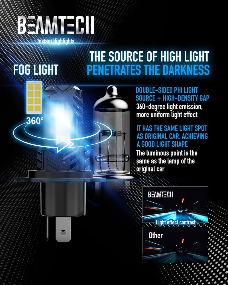 BEAMTECH H4 Bulb, Fanless In Line 9003 Fog Light Bulb 6500K Xenon White Fog Light Of 2 - Image 5