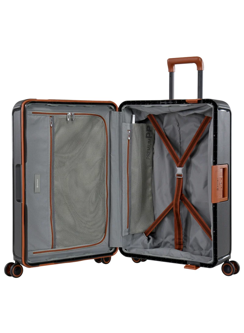 eminent Vertica Hard Case Travel Bag Large Luggage Trolley Polypropylene Lightweight Suitcase 4 Quiet Double Spinner Wheels With TSA Lock B0006 Dark Grey Brown Trim