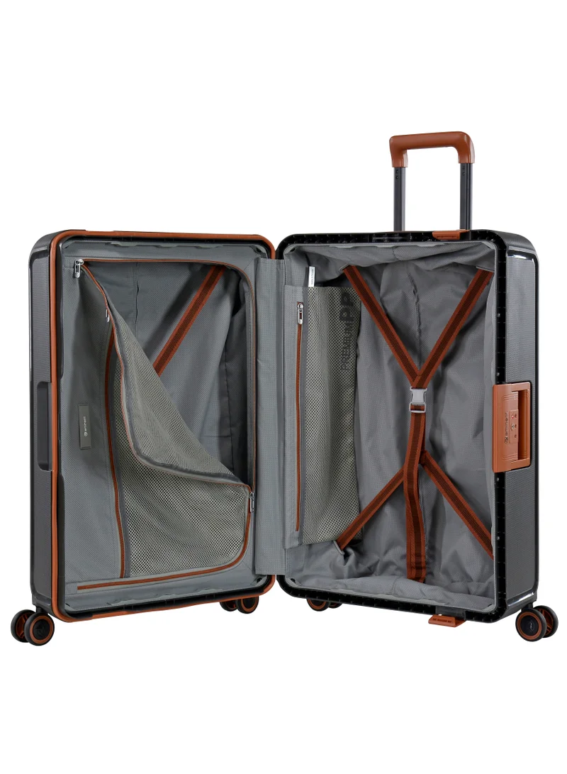 eminent Vertica Hard Case Travel Bag Large Luggage Trolley Polypropylene Lightweight Suitcase 4 Quiet Double Spinner Wheels With TSA Lock B0006 Dark Grey Brown Trim