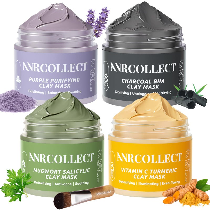 ANRCOLLECT Face Mask Set 4Pcs Clay Mask Face Masks Skin Care with Vitamin C Charcoal Mugwort and Purple Clay Skincare Gift Set for Blackheads Refining Pores  Controling Oil Dry Oily Skin