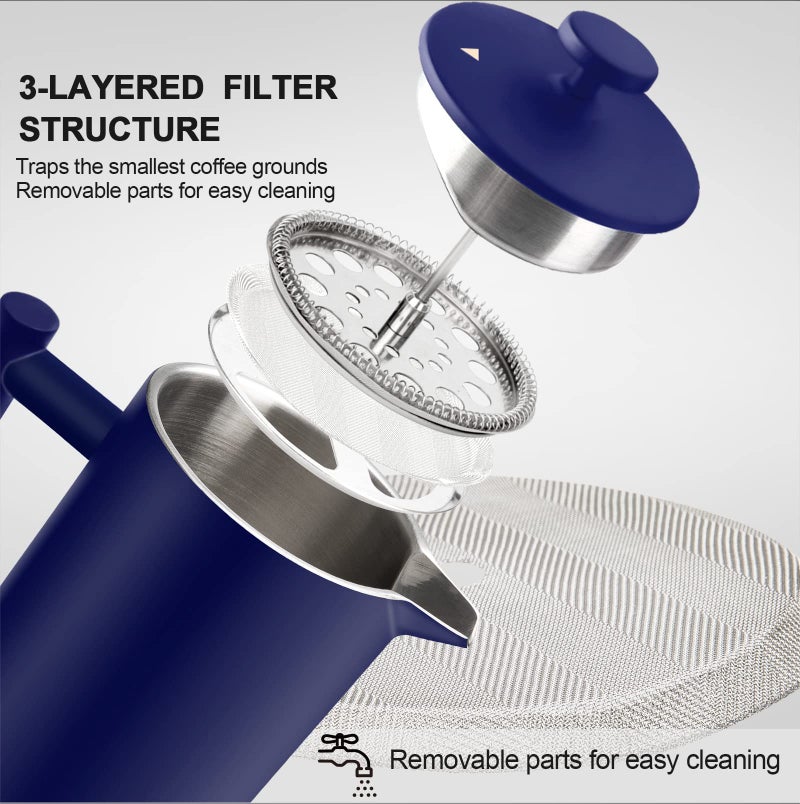 Secura French Press Coffee Maker, Double-Wall 304 Grade Stainless Steel Coffee Press with 2 Extra Screens, 34oz (1L), Blue - Image 4