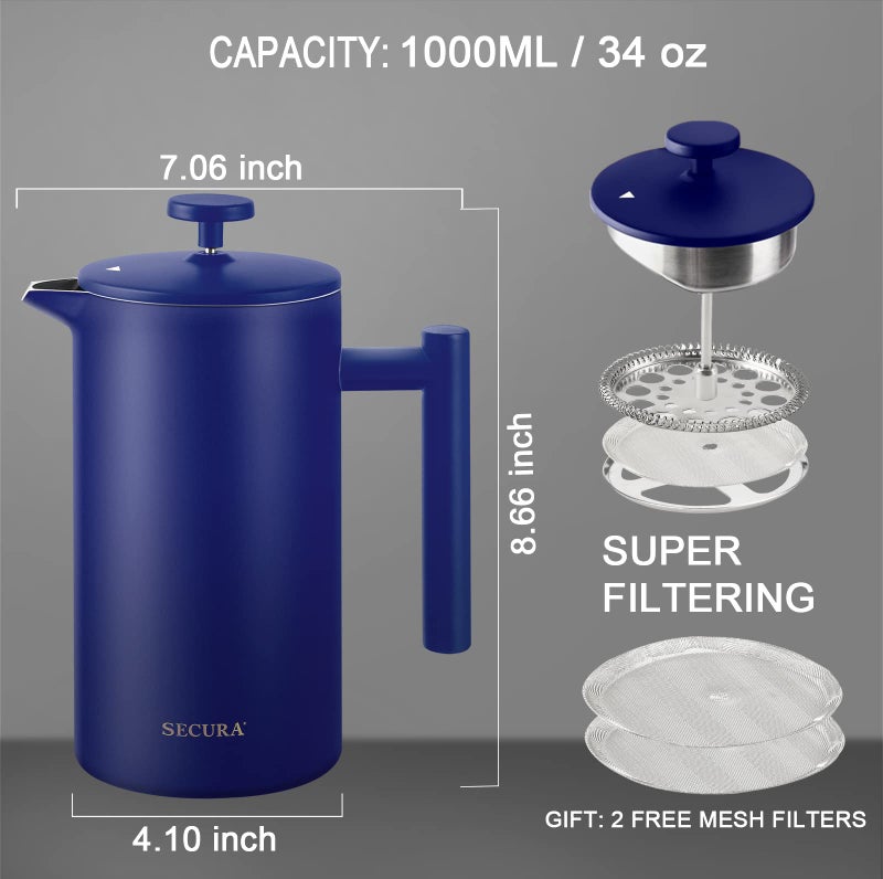 Secura French Press Coffee Maker, Double-Wall 304 Grade Stainless Steel Coffee Press with 2 Extra Screens, 34oz (1L), Blue - Image 3