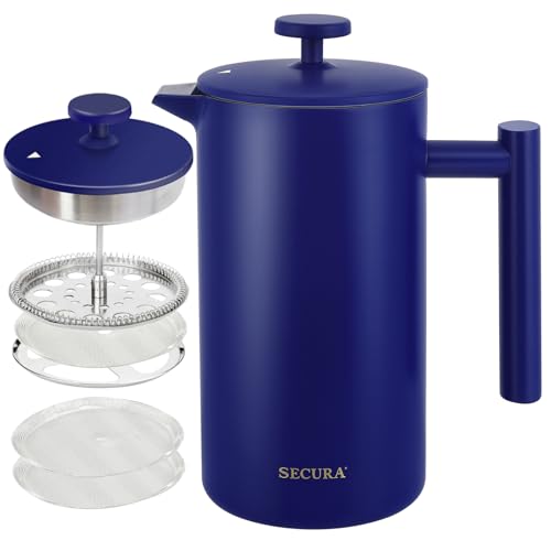 Secura French Press Coffee Maker, Double-Wall 304 Grade Stainless Steel Coffee Press with 2 Extra Screens, 34oz (1L), Blue - Image 1