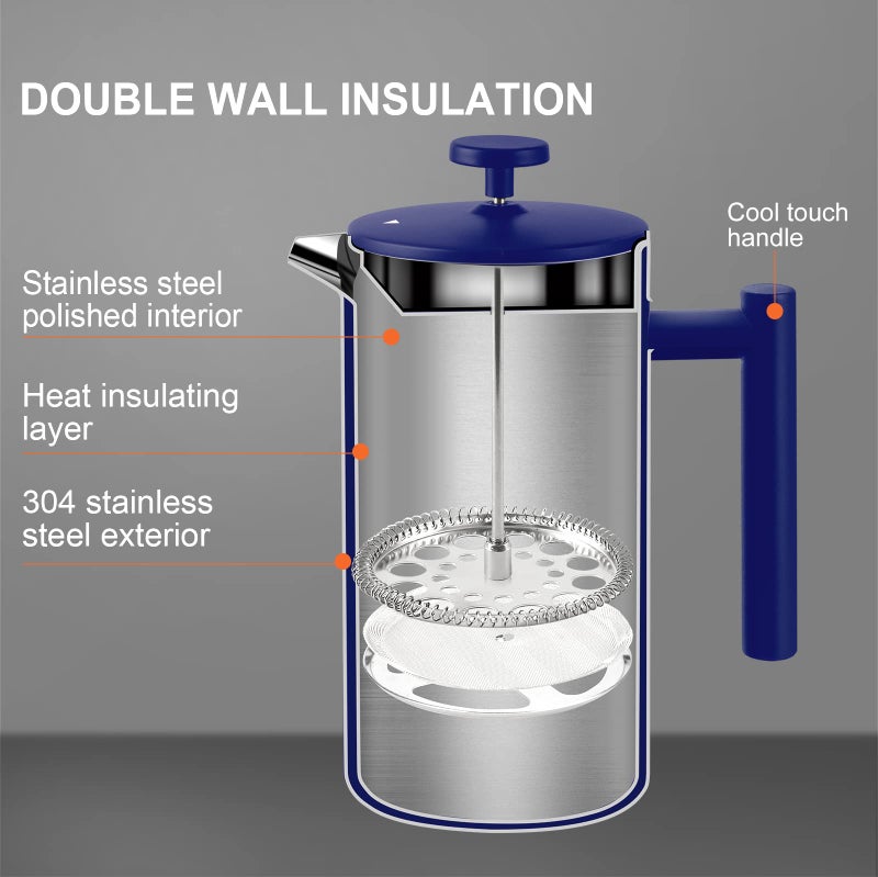 Secura French Press Coffee Maker, Double-Wall 304 Grade Stainless Steel Coffee Press with 2 Extra Screens, 34oz (1L), Blue - Image 5
