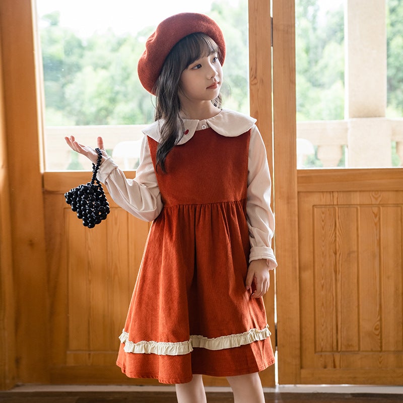 Girls Corduroy Jumper Dress Autumn Winter 2023 HT9990 love princess shirt apricot 