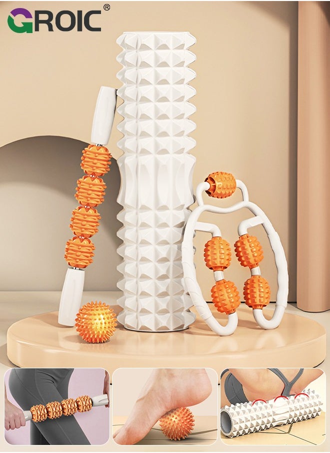 GROIC 4 in 1 Yoga Roller Set Trigger Point Yoga Roller, Massage Roller Stick, Massage Ball, for Deep Stretching Muscle Massage Pilates Yoga, Fitness Exercise for Whole Body Release  - Image 1