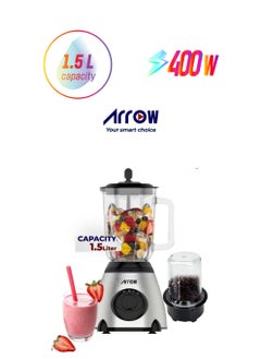 Arrow 1.5L Blender with Glass Jar & Grinder, 400W | Stainless Steel Body | 2 Speeds | Ice Crushing Feature | Portable | Silver Color | Ideal for Blending & Grinding | Model Name: RO-15GBSY  - Image 1