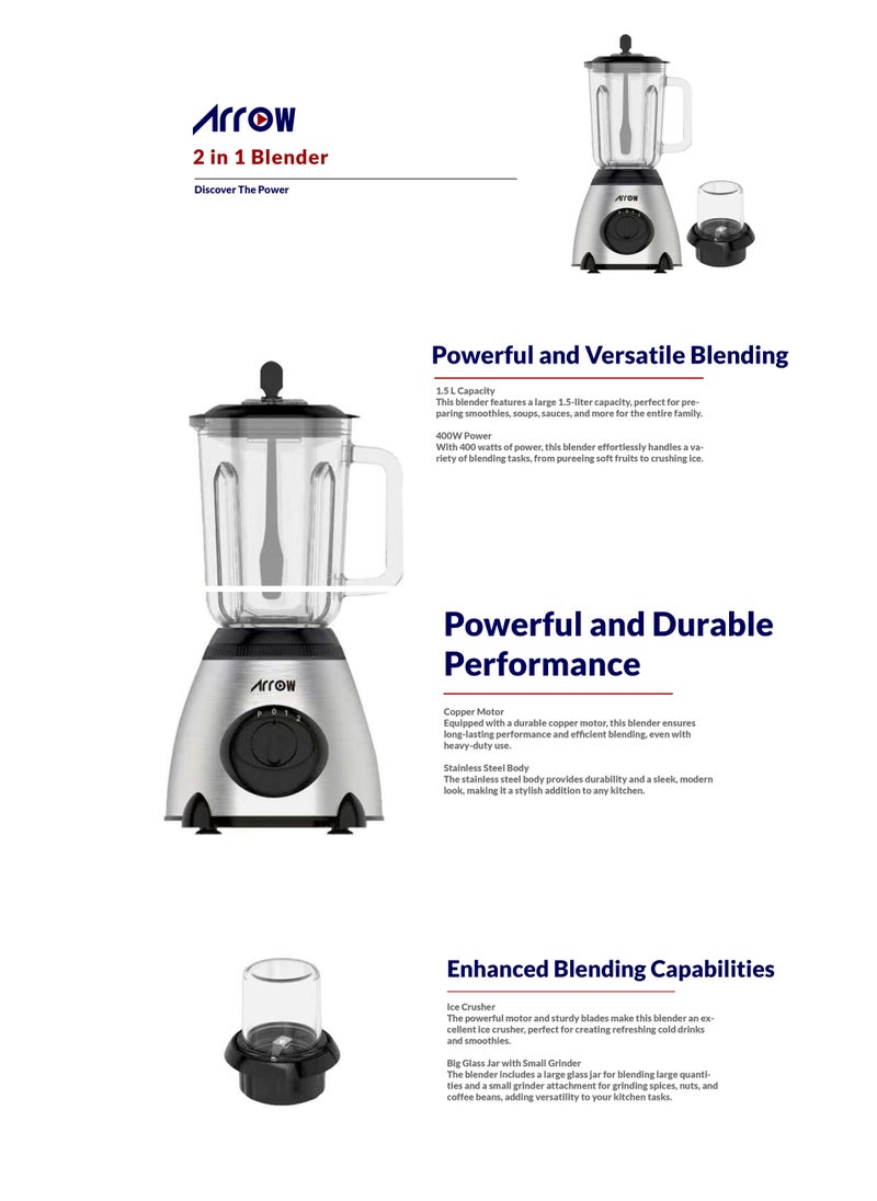 Arrow - 1.5L Blender with Glass Jar & Grinder, 400W | Stainless Steel Body | 2 Speeds | Ice Crushing Feature | Portable | Silver Color | Ideal for Blending & Grinding | Model Name: RO-15GBSY - Image 1
