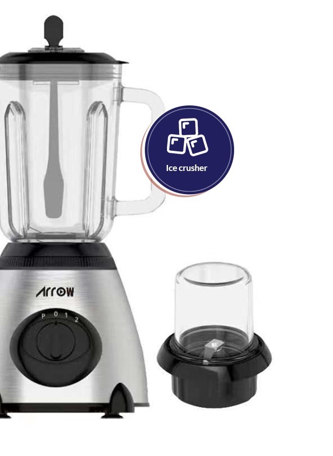 Arrow - 1.5L Blender with Glass Jar & Grinder, 400W | Stainless Steel Body | 2 Speeds | Ice Crushing Feature | Portable | Silver Color | Ideal for Blending & Grinding | Model Name: RO-15GBSY - Image 1