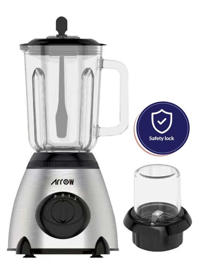 Arrow - 1.5L Blender with Glass Jar & Grinder, 400W | Stainless Steel Body | 2 Speeds | Ice Crushing Feature | Portable | Silver Color | Ideal for Blending & Grinding | Model Name: RO-15GBSY - Image 1