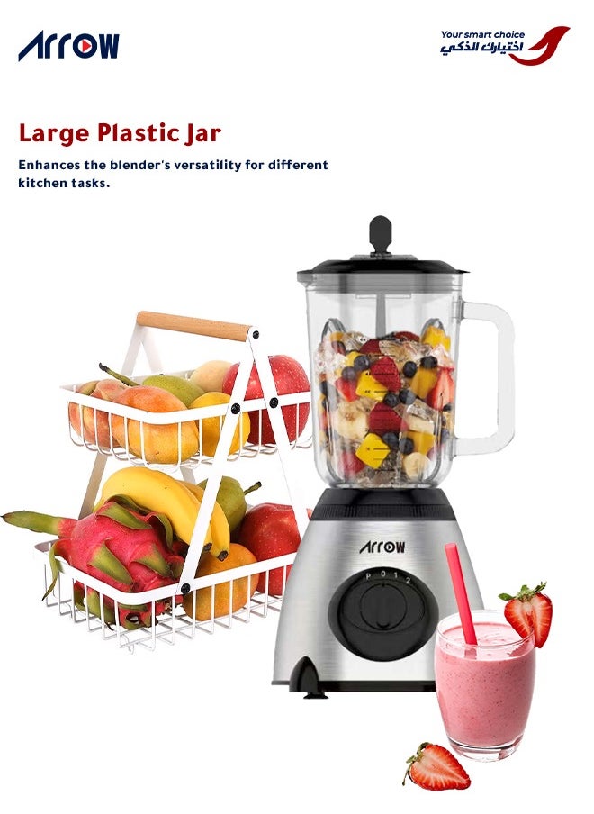 Arrow - 1.5L Blender with Glass Jar & Grinder, 400W | Stainless Steel Body | 2 Speeds | Ice Crushing Feature | Portable | Silver Color | Ideal for Blending & Grinding | Model Name: RO-15GBSY - Image 1