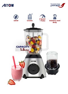 Arrow 1.5L Blender with Glass Jar & Grinder, 400W | Stainless Steel Body | 2 Speeds | Ice Crushing Feature | Portable | Silver Color | Ideal for Blending & Grinding | Model Name: RO-15GBSY  - Image 2