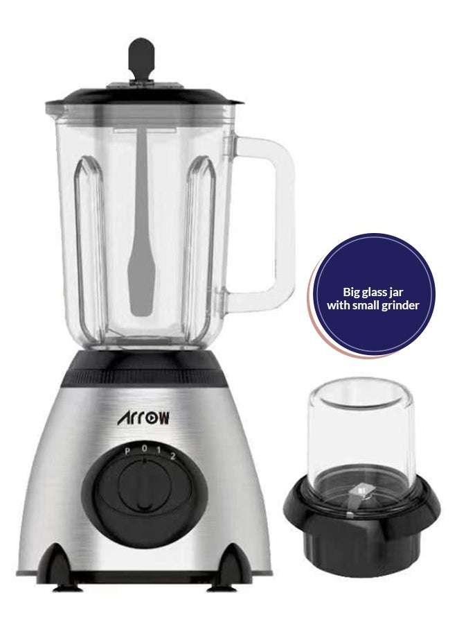 Arrow - 1.5L Blender with Glass Jar & Grinder, 400W | Stainless Steel Body | 2 Speeds | Ice Crushing Feature | Portable | Silver Color | Ideal for Blending & Grinding | Model Name: RO-15GBSY - Image 1