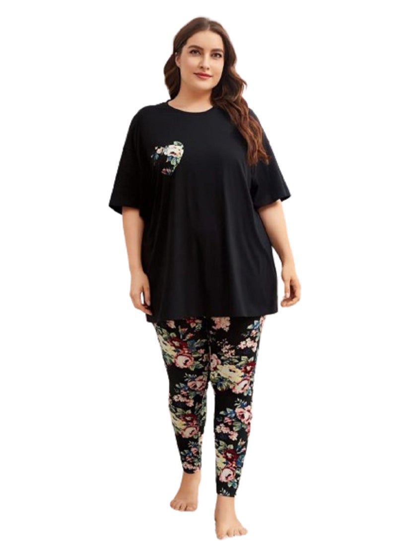 MANIKAN MANIKAN-women's pajama set with solid shirt and floral pants 