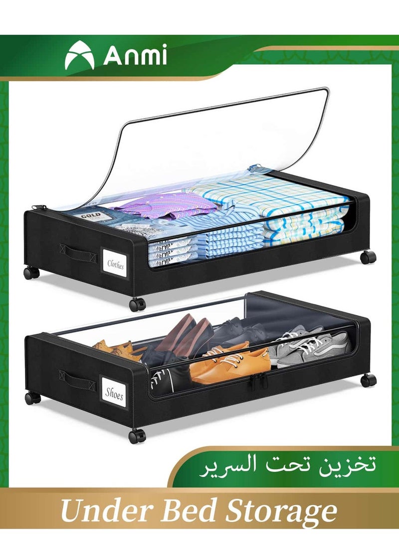 Anmi Under Bed Storage with Wheels, XXL 60L Under Bed Storage Containers, under the bed storage Organizer with Clear Lids - Rolling Drawers & Bins for Clothes,Shoes,Toys, 2-Pack (Black)  - Image 1