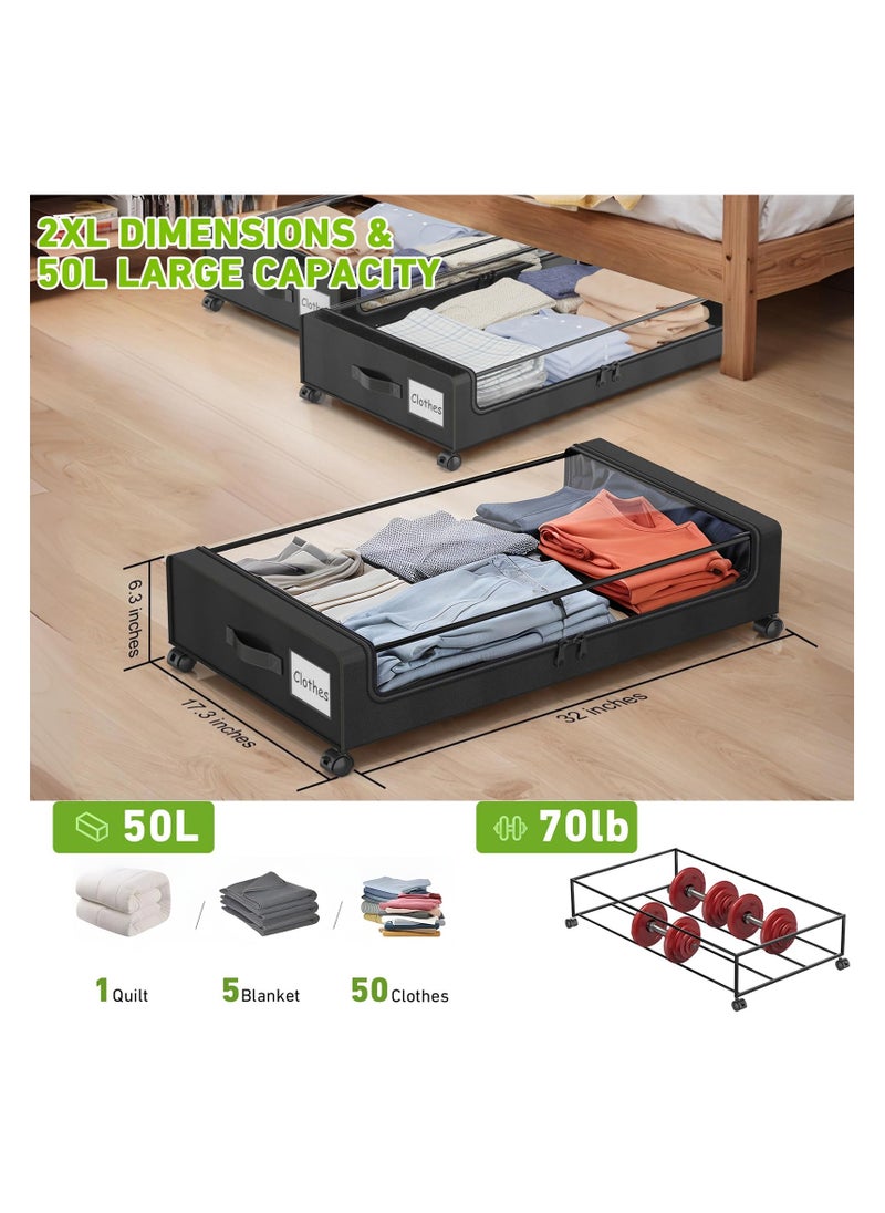 Anmi Under Bed Storage with Wheels, XXL 60L Under Bed Storage Containers, under the bed storage Organizer with Clear Lids - Rolling Drawers & Bins for Clothes,Shoes,Toys, 2-Pack (Black)  - Image 3