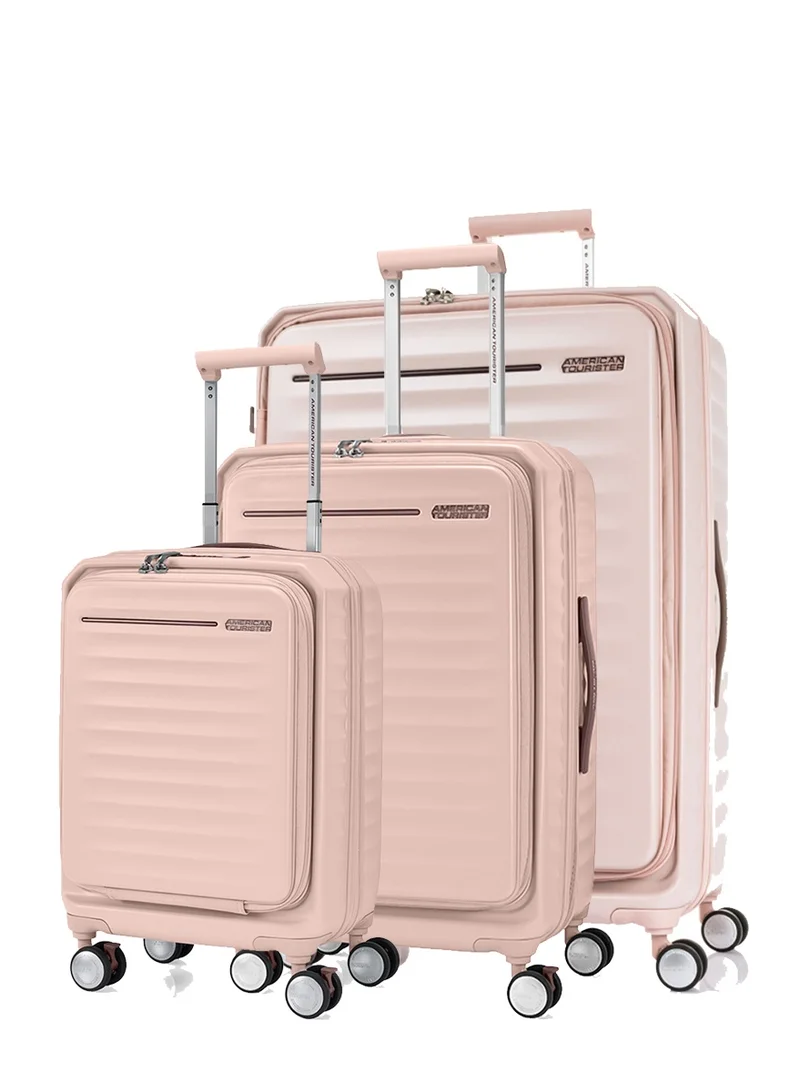 Frontec Suitcase, 3pc Set (54 + 68 + 79 cm), 4 Spinner Wheels, Hard Top, Polycarbonate, Strawberry|Expandable|Book Opening|2-in-1 Optimov™ + STEPause™ Shock Absorbing Wheels|TSA 008 Lock|DuoSaf™ Security Zipper - 3 Years International Warranty