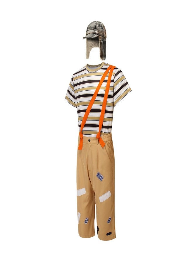 Cuzeolin Adults El Chavo Del Ocho Costume Stripe T-Shirt Pants Suspenders with Hat Sets Cosplay Uniform Outfits L - Image 3