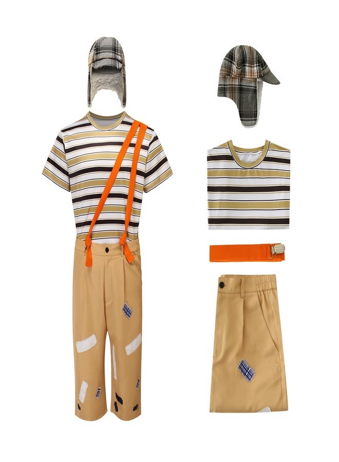 Cuzeolin Adults El Chavo Del Ocho Costume Stripe T-Shirt Pants Suspenders with Hat Sets Cosplay Uniform Outfits L - Image 1
